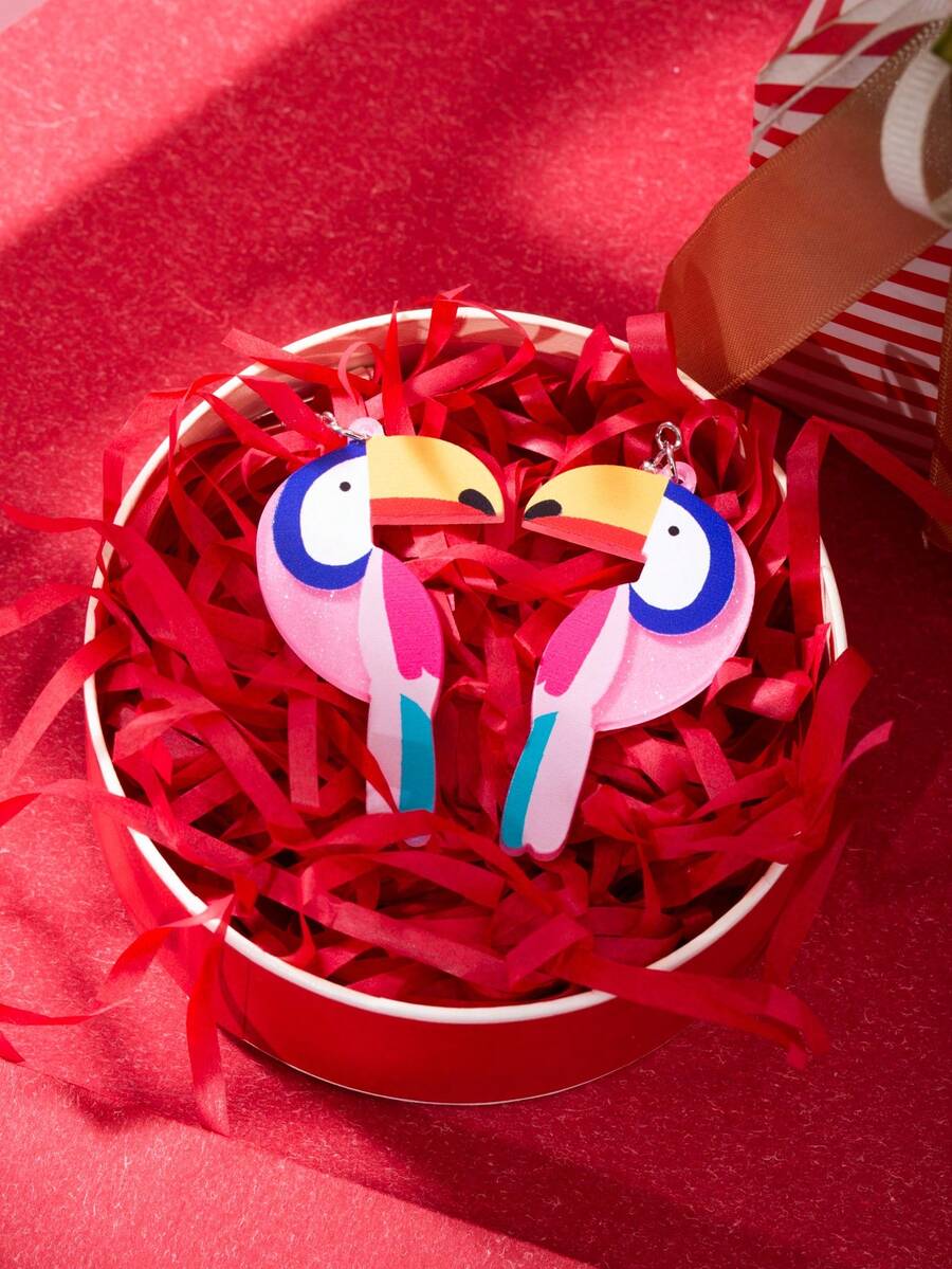 1 對女式誇張閃光粉紅啄木鳥壓克力吊墜耳環,新奇可愛有趣的耳飾