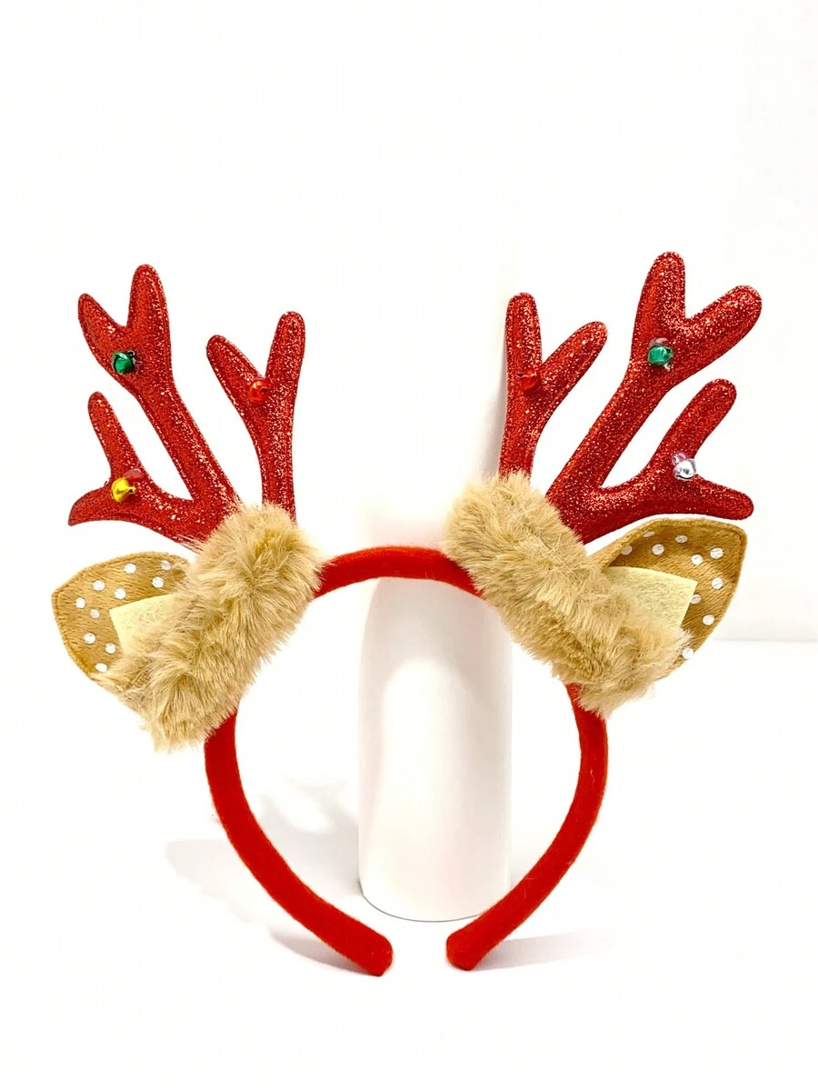 1個閃粉鹿角鈴鐺頭飾發箍,聖誕節日裝扮必備,適用於聚會、派對等場合,增添節日氣氛,女性髮飾,包含聖誕禮物盒