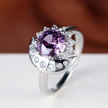1pc Heartfelt Elegant Round Cubic Zirconia With Violet Star & Moon Design White Plated Engagement Ring For Wedding, Party Accessory - ring - View 4