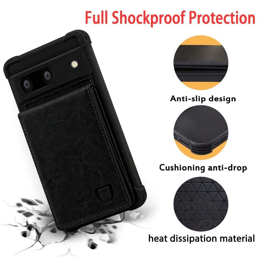 皮革皮夾式手機殼帶磁性翻蓋、信用卡夾和零錢包,相容於 Google Pixel 7/7 Pro/7a 男女通用 - 黑色 - 查看 1