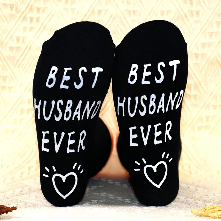 1 Pair Of Men's Socks,BEST HUSBAND EVER ,Slip Resistant Socks, Fun Gift Socks, Fall - Black - View 1