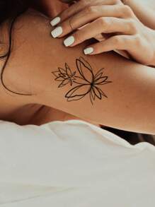 1 Pieza Tatuaje Temporal Lavable De Pvc Con Estilo Minimalista De Loto, Mariposas Y Diseños De Arte De Línea, Impermeable Y Resistente Al Sudor, Adecuado Para Uso Diario De Moda - Negro - Ver 3