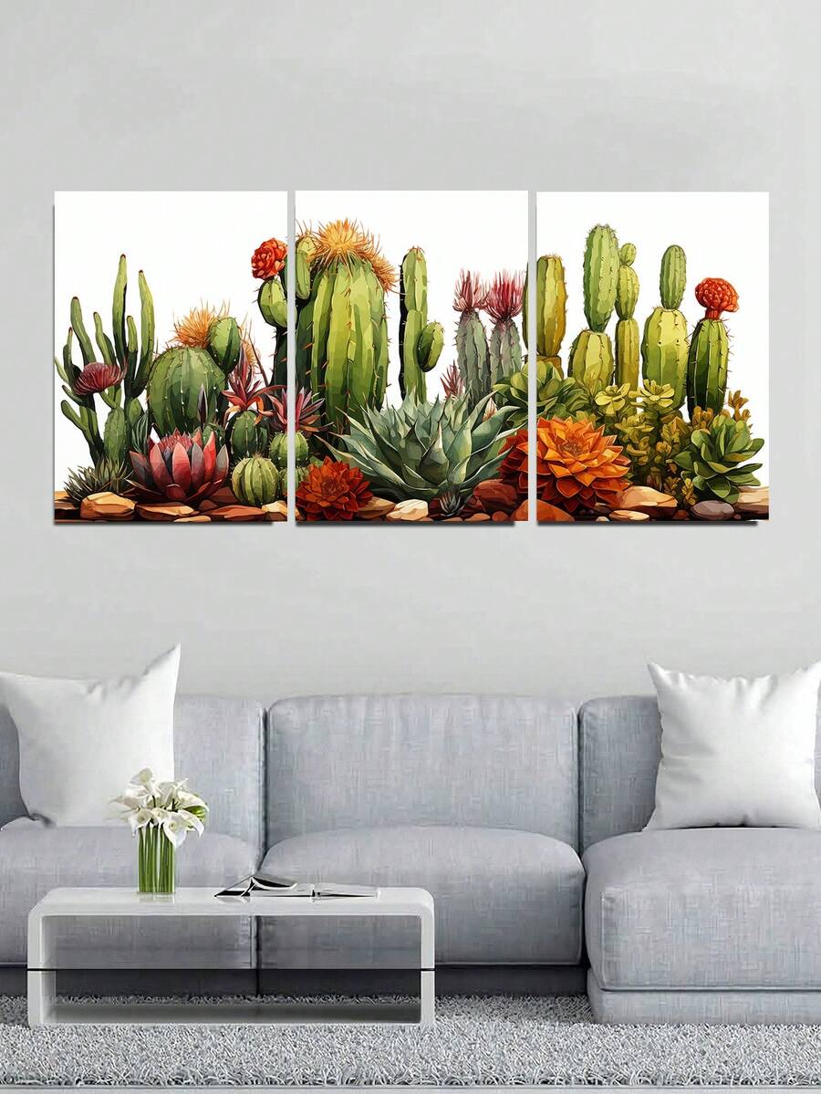 3入組現代牆藝仙人掌帆布畫海報,北歐風格小清新熱帶植物藝術家居裝飾畫,可用於客廳裝飾,50x70cm無框架