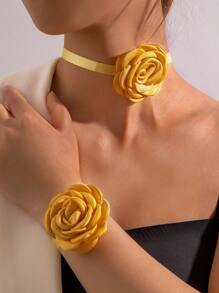 imoli 2 Stücke/Set einfach und frisch Polyester 3D Blumen Armband & Choker Halskette Schmuckset, perfekt als Geschenk für Frauen zum Abend, Valentinstag, Mutter, Muttertag