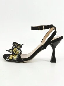 Women's Colorful Butterfly Strap Sandals, Black Velvet, Sexy Open Toe Ankle Strap, Vacation Style, Summer, Square Toe, Thin High Heel