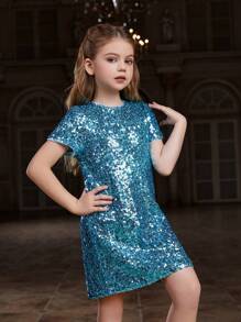 Tween Girl Sequin Short Sleeve Round Neck Dress - Blue - View 6