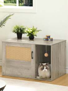 Hzuaneri Cat Cabinet With Rattan Door, Hidden Cat Litter Box, Boho Style Wooden Pet House Cat Litter, Storage Cabinet Bench - Grey - View 1