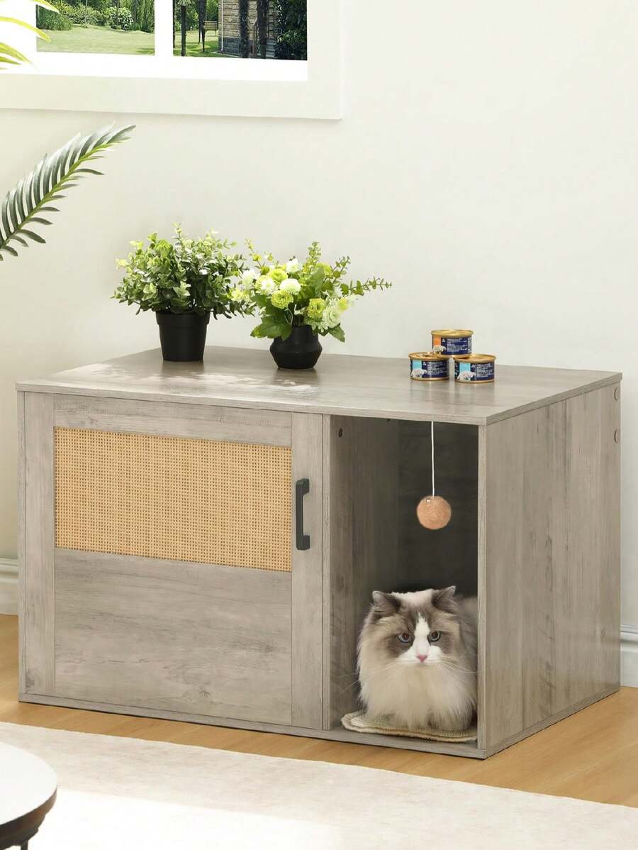 Hzuaneri Cat Cabinet With Rattan Door, Hidden Cat Litter Box, Boho Style Wooden Pet House Cat Litter, Storage Cabinet Bench - Grey - View 1
