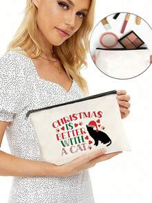 Puppy, Christmas Hat, Heart, Footprints, Best Gift For Mom, Teacher, Friend, Nurse, Cosmetic Bag, Gift Bag For Female Friends, Travel Souvenir, Birthday, Valentine'S Day, Christmas, Women'S Day Party, Bridesmaid Cosmetics, Mother'S Day Wash Bag Christmas Gifts Makeup Bag For Makeup Brushes Christmas Christmas Bags Xmas Women Gifts Christmas Women - Beige - View 2