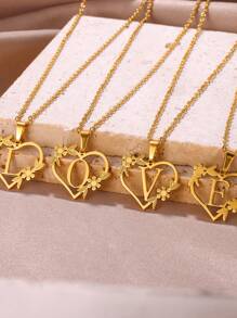 1pc Fashionable Stainless Steel Alphabet & Heart & Flower Design Necklace, Suitable For Women's Parties And Festivals, Jewelry Gift Valentines,Mom,Mother,Mother's Day,Gift
