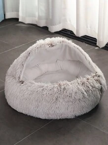 1pc Winter Warm Shell Shaped Semi-enclosed Pet Bed For Pets 5-10kg, Non-removable & Washable With Cashmere Padding - Brown - View 1
