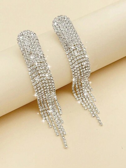 1 Pair Women's Tassel Drop Earrings, Mid-Length, With White Diamonds, Steel Color Zirconia Embedded, Shiny & Fashionable For Party & Daily Wear