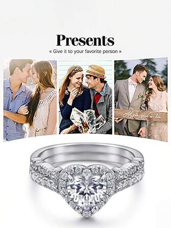 stks/set Romantische Verlovingsring 1ct Zirkonia Eternity Ring Belofte Ring Verjaardagsring s925 Sterling Zilveren Hart Halo Stapelringen Luxe Sieraden Geschenken Voor Vrouwen