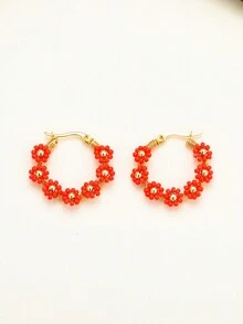 1對甜美波西米亞風格手工編織花卉設計復古圈形耳環,女性休閒、約會、贈品、節日皆適用