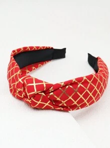1枚女式髮箍,紅色壓花金布,菱形網格,中間打結,適合日常佩戴