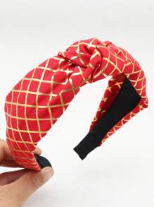 1枚女式髮箍,紅色壓花金布,菱形網格,中間打結,適合日常佩戴