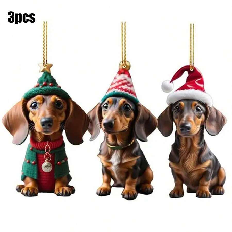 聖誕裝飾,3入組腸型狗造型聖誕樹掛飾,掛飾,亞克力派對裝飾 - 紅色 - 查看 1