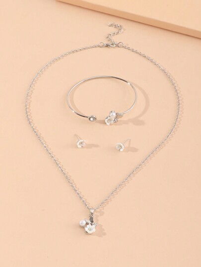 4pcs Floral Earrings, Necklace And Bracelet Set