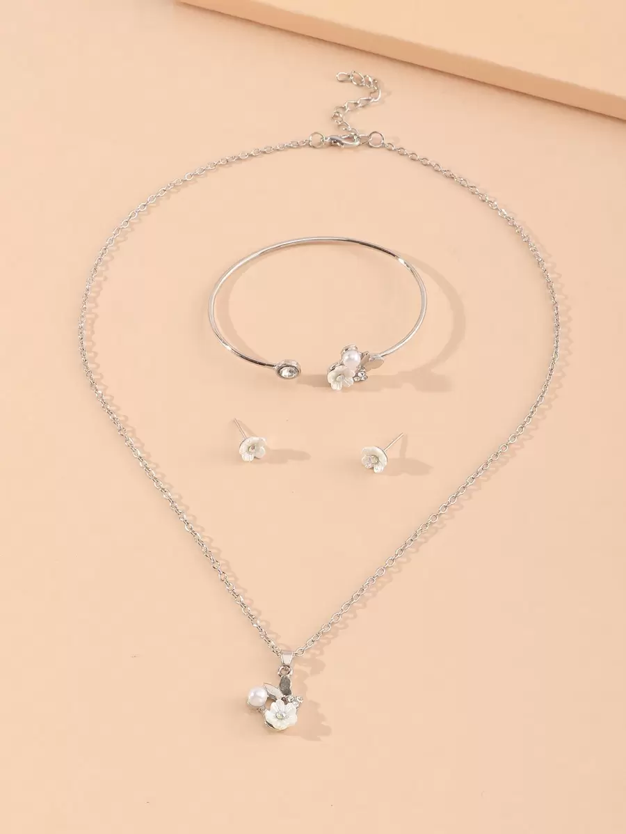 4入組花卉耳環,項鍊和手鐲套裝 - 銀色 - 查看 1