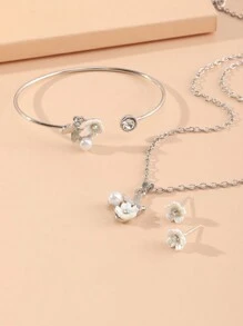 4入組花卉耳環,項鍊和手鐲套裝 - 銀色 - 查看 3