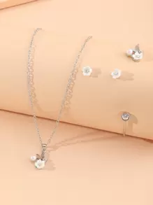 4入組花卉耳環,項鍊和手鐲套裝 - 銀色 - 查看 2