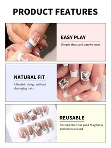 GIRL PLUS Girlplus 10入組手工製作的棺材形假指甲,法國珍珠壓花手繪設計,時尚指甲套裝適合女性和女孩日常穿著