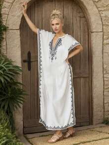 Elegant Embroidery Caftan House Dress - White - View 7