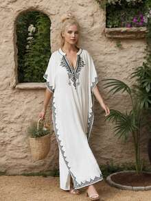 Elegant Embroidery Caftan House Dress - White - View 4