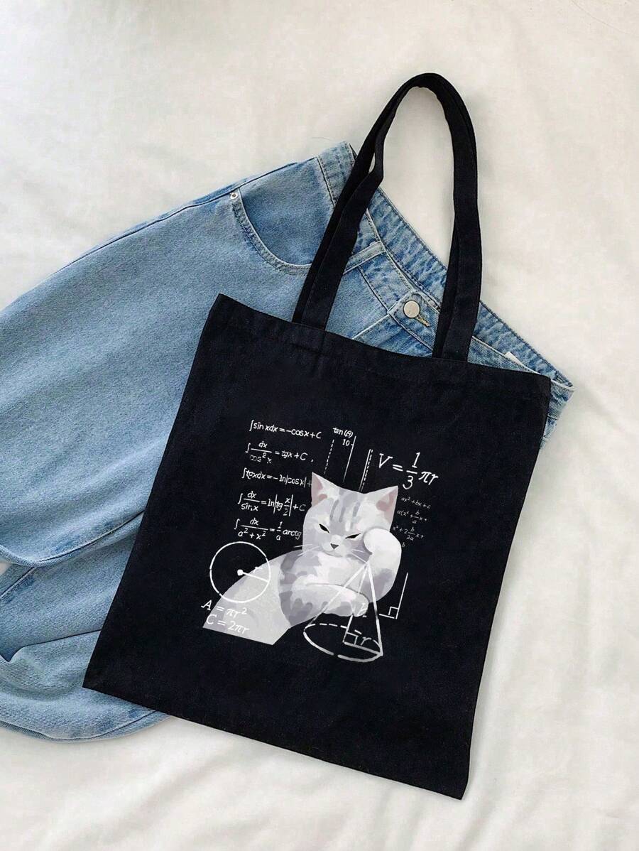 1pc Black Tote Bag With Cat Thinking Math Problem Print, Women's Canvas Shopping Bag For Outdoor UseLightweight,Portable, Suitable For Teen Girls Women College Students, Perfect For Back To School,College,Middle School, High School