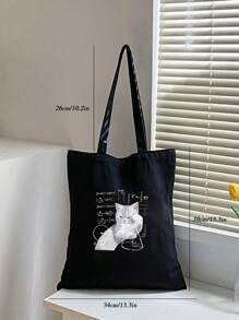 1pc Black Tote Bag With Cat Thinking Math Problem Print, Women's Canvas Shopping Bag For Outdoor UseLightweight,Portable, Suitable For Teen Girls Women College Students, Perfect For Back To School,College,Middle School, High School