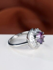 1pc Heartfelt Elegant Round Cubic Zirconia With Violet Star & Moon Design White Plated Engagement Ring For Wedding, Party Accessory - ring - View 3