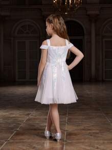 Tween Girl Sequined Spaghetti Strap Dress With Open Shoulder Mesh Ruffle Hem - White - View 2
