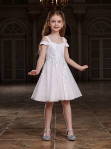 Tween Girl Sequined Spaghetti Strap Dress With Open Shoulder Mesh Ruffle Hem - White - View 5