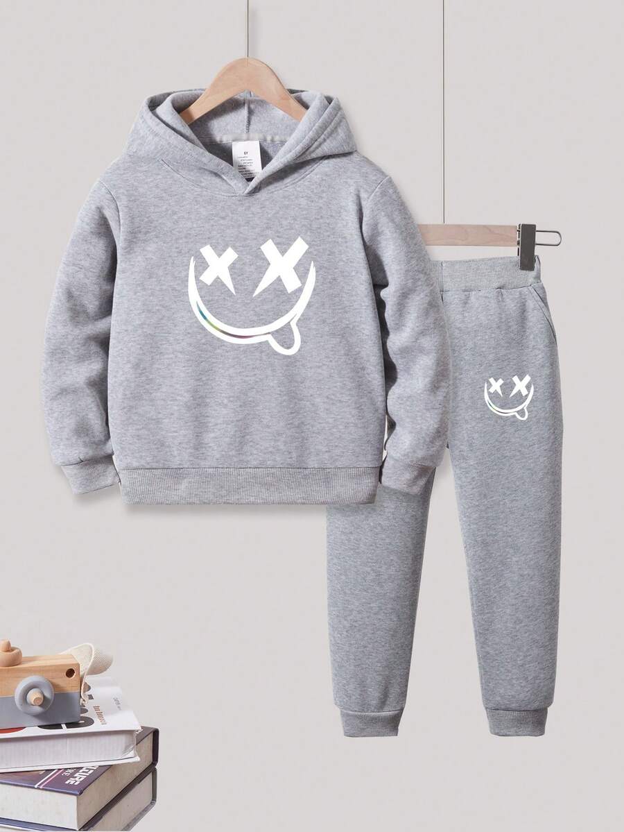 男童笑脸图案印花连帽衫和运动裤 2 件套 - 灰色 - 查看 1