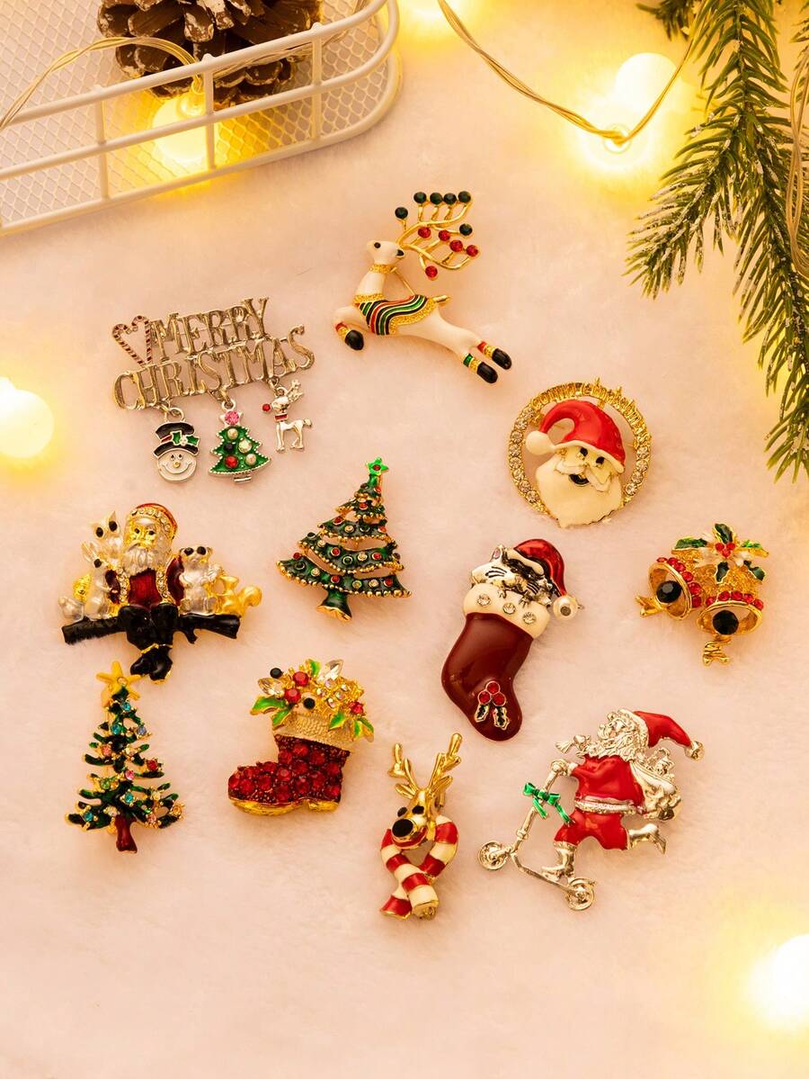 1個合金鑲嵌水鑽聖誕主題胸針,聖誕老人,馴鹿,鈴鐺,聖誕樹造型,創意節日服裝配件 - 彩色 - 查看 1