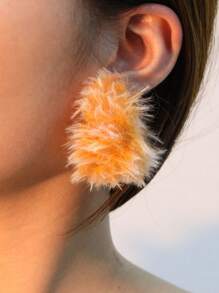 1pair Women's Exaggerated Fluffy Ball Drop Earrings With Colorful Hoop - 1 pair of exaggerated color plush hoop earrings - View 4
