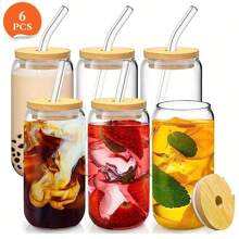 1 Set Glass Cups With Bamboo Lids And Glass Straw - Beer Can Shaped Drinking Glasses, 500ml/17 Oz Iced Coffee Glasses, Cute Tumbler Cup For Smoothie, Boba Tea, Whiskey, Water