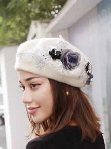 1pc Simple Vintage Embroidered 3d Flower Wool Beret Hat For Autumn/winter Daily Wear - Apricot - View 6