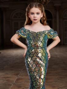 青少女露肩泡袖亮片人魚形禮服裙 - 綠色 - 查看 6