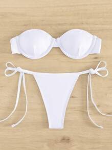 Women's Bandeau Push-Up Bra & Thong Sexy Bikini Set, Sports Two-Piece Separated Bikini Summer Beach - White - View 6