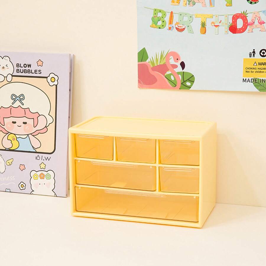 1 Pieza Caja De Almacenamiento Grande Con 6 Compartimentos Y Cajón Para Organización De Escritorio, Puede Ser Utilizada Para Joyería, Lentes De Contacto, Etc. - Amarillo - Ver 1