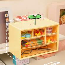 1 Pieza Caja De Almacenamiento Grande Con 6 Compartimentos Y Cajón Para Organización De Escritorio, Puede Ser Utilizada Para Joyería, Lentes De Contacto, Etc. - Amarillo - Ver 2