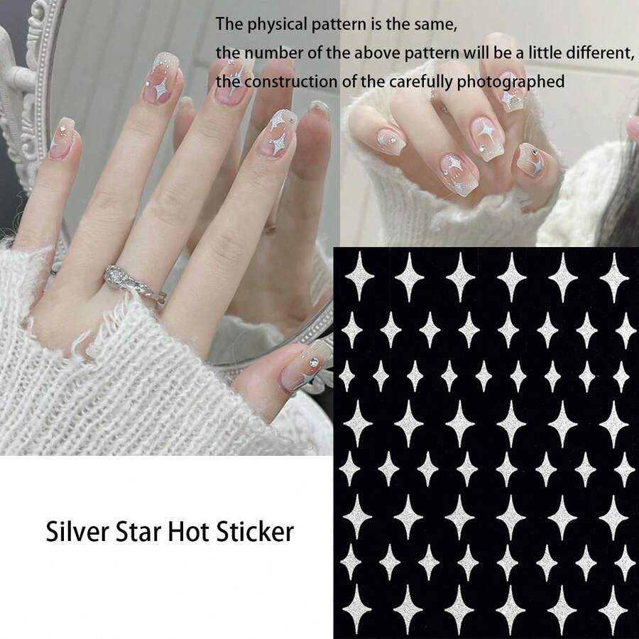 1 件銀色閃亮星星設計反光閃光美甲貼紙,方形,薄而耐用的粘合劑,非常適合指甲裝飾和送給女孩的禮物