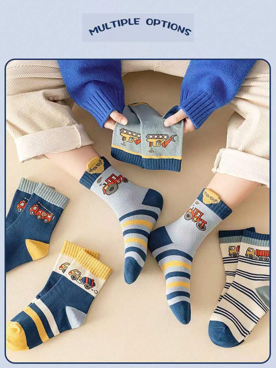 5對春夏秋季兒童卡通車紋襪子,男女童,中大童適用