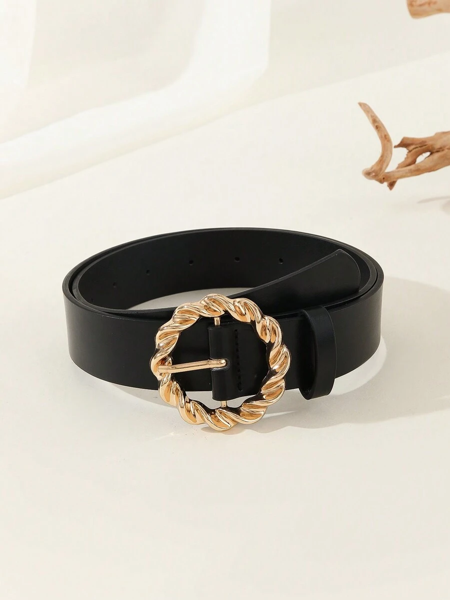 亮金色扭紋圓扣新潮時尚女士腰帶,適合送禮、各種聚會、聚會、休閒娛樂場所