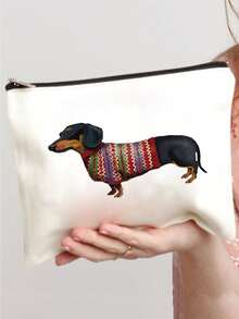 Dachshund Dog Print Cosmetic Bag, Portable Travel Storage Bag, Versatile Zipper Coin Purse Pouch, Funny Toiletry Bag, Cartoon Dog Pattern Bag, Dachshund Lover Gift, Travel Toiletry Organizer, Makeup Bag, Pencil Pen Case, Stationery Supplies, Birthday Gifts, Christmas Gift - White - View 1
