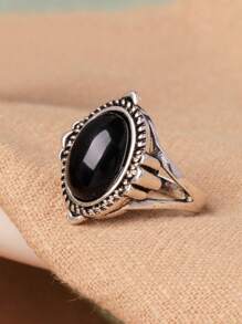 1pc Alloy Plated Vintage Silver Oval Faux Gemstone Ring, Multiple Colors Available - View 2