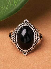 1pc Alloy Plated Vintage Silver Oval Faux Gemstone Ring, Multiple Colors Available - View 5