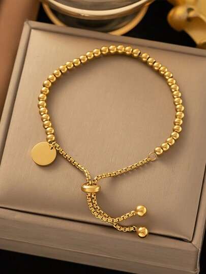 1 pulsera de mujer con etiqueta circular y dije de cuentas de acero inoxidable, versátil para uso diario, fiesta, resistente al agua, regalo de joyería, sin caja de regalo incluida para el Día de San Valentín, mamá, madre, Día de la Madre, regalo