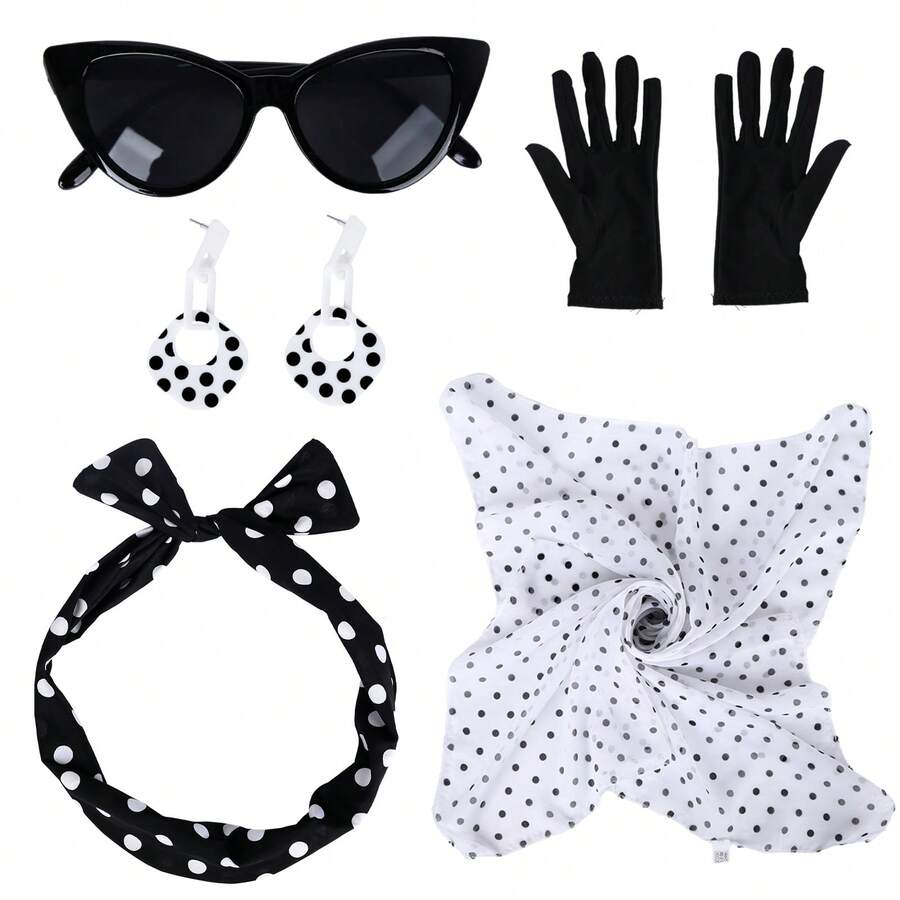 4入組演出服飾配件50年代花哨裝配件套裝,女性1950年代配件套裝,經典油膩頭服裝套裝,用於萬聖節/角色扮演派對